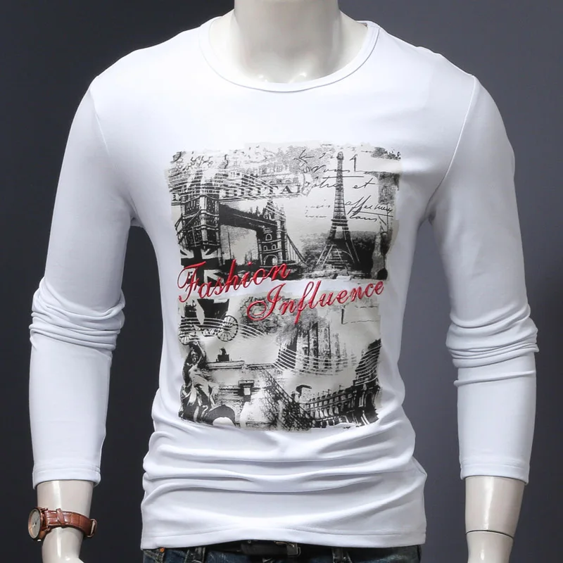 

young men long sleeve t shirt fashion print t-shirt O round neck slim autumn and spring t-shirts