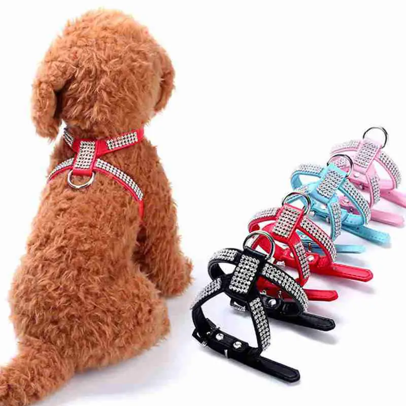 Bling Rhinestone Pet Dog Harness Leather Fashion Style Black Jeweled