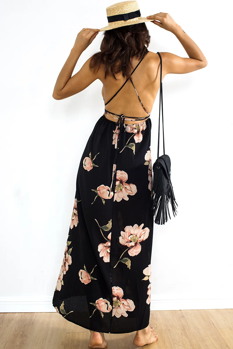 BONGOR LUSS Chiffon Summer Beach Dress Women Sexy Deep V-Neck Spaghetti Strap Backless Long Dress Boho Floral Print Maxi Dress (5)