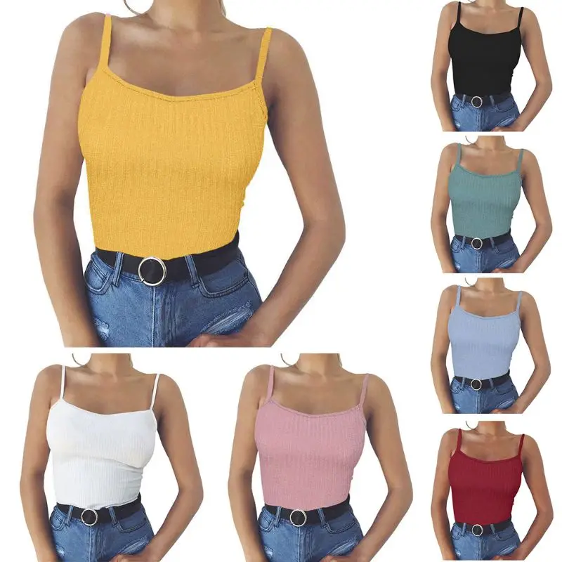 

Women Sexy Spaghetti Straps Slim Solid Color Ribbed Knitted Striped Camisole Off Shoulder Basic Casual Vest 7 Colors