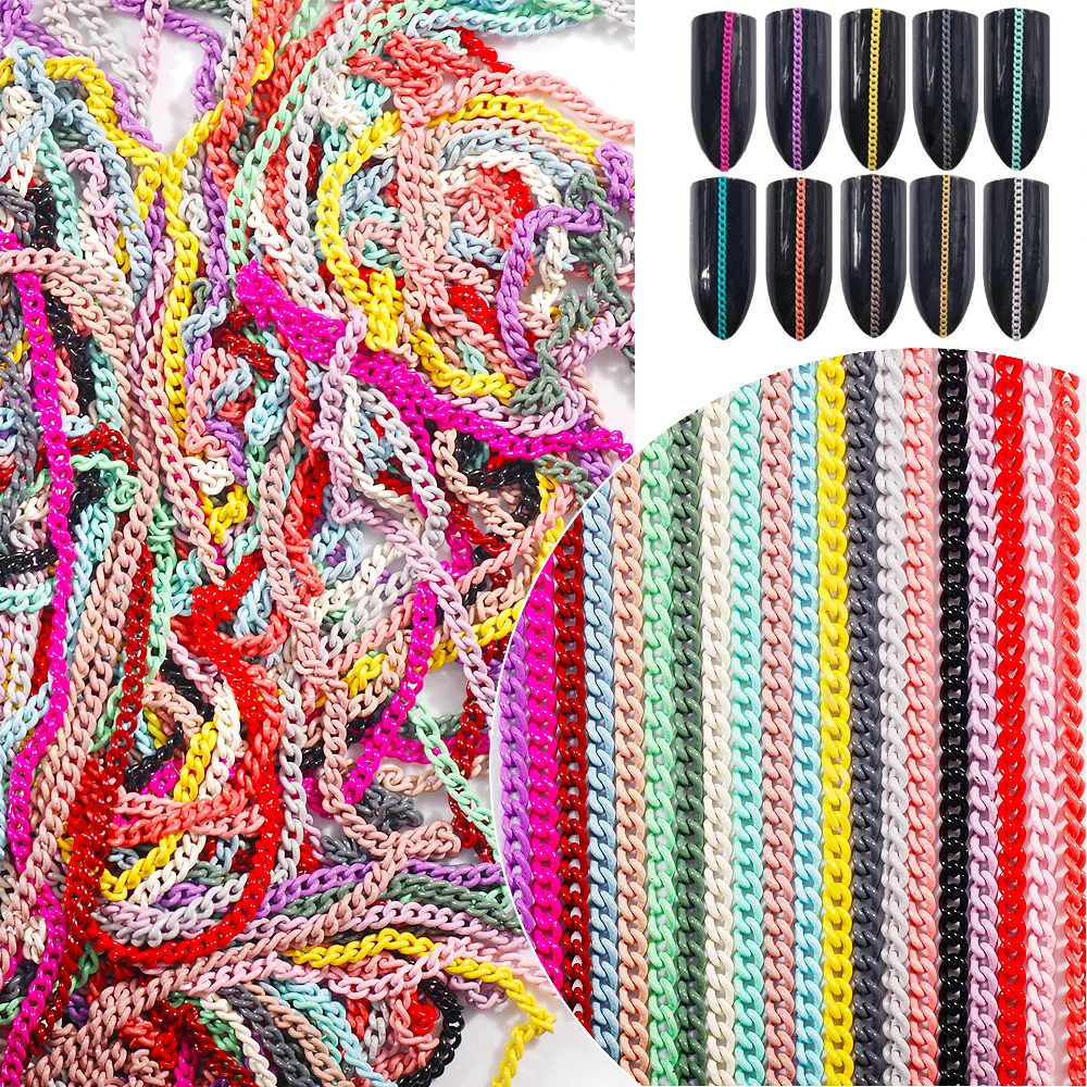 

Wholesale prices 26 Colors New Delicate Nail Art Metal Chain 100yards/bag Fashion Colored metal Small Chain for Tips Manicure