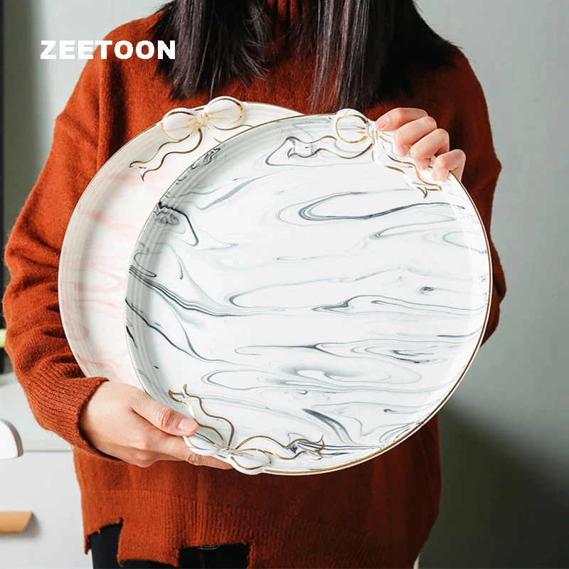 

Nordic Style Luxurious Decor Plate Ceramic Marble Pattern Display Tray Fruit Plates Tea Trays Dish Tea Ceremony Accessories Art