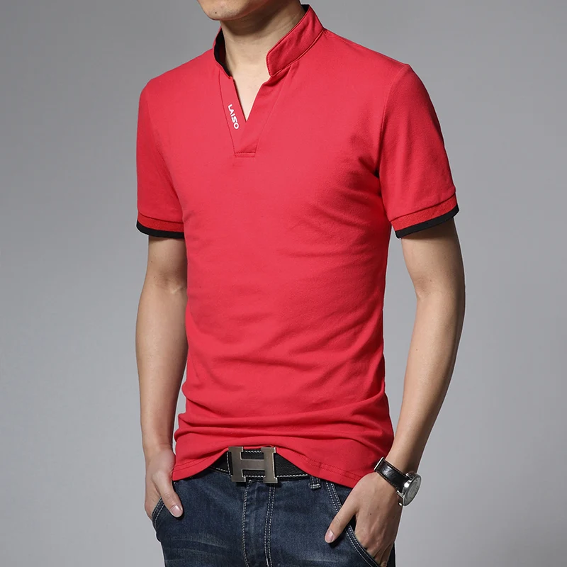 Мужская модная хлопковая футболка для отдыха со стоячим воротником и длинным рукавом, Мужская однотонная тенниска с треугольным вырезом, большой размер S-5XL - Цвет: red