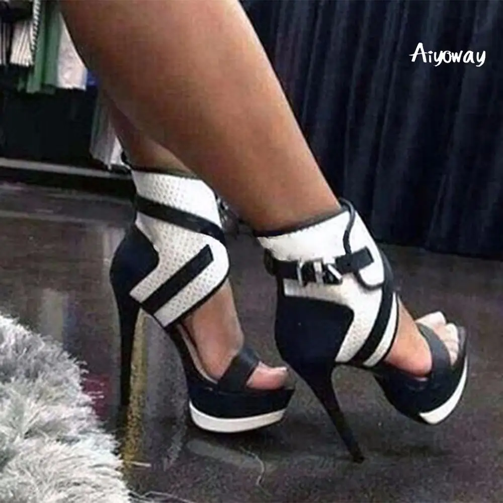 

Aiyoway Women Shoes Peep Toe High Heels Sandals Platform Ankle Buckles Spring Summer Evening Party Dress Shoes Black &White 2019