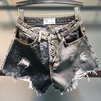 

plus size 5XL!2019 summer fashion denim shorts Sequined hole women high waist loose wide leg jeans shorts