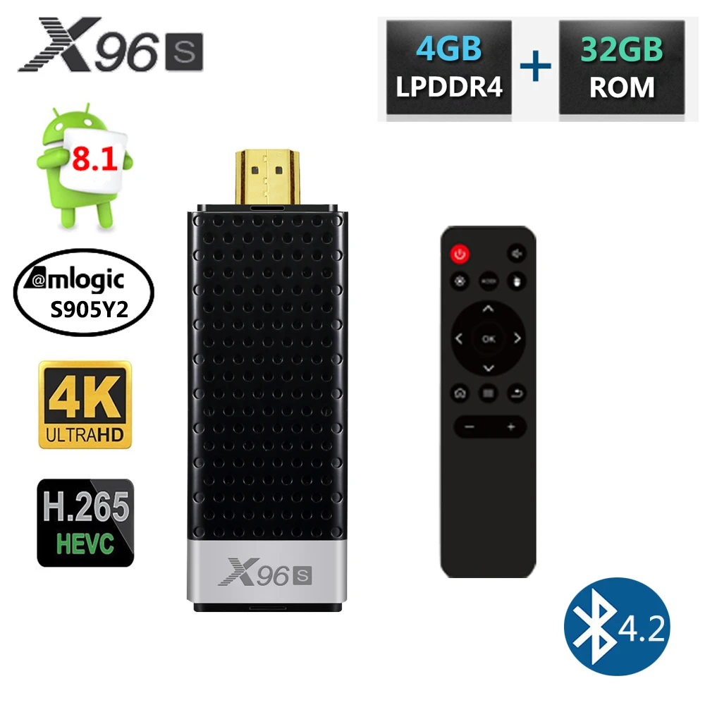 

X96S Smart movies & tv box Android 8.1 Quad Core Amlogic S905Y2 Wifi 4G RAM 32GB ROM Bluetooth 4.2 4K HD Smart TV Stick PK H96