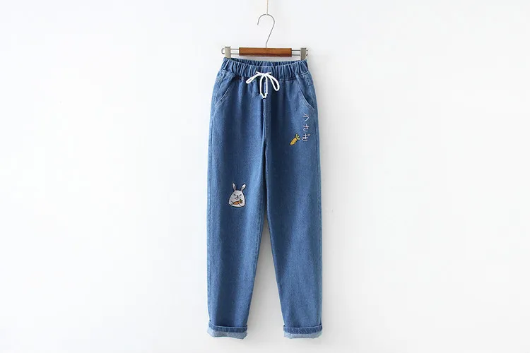 Японские Kawaii Bunny джинсовые штаны, винтажные джинсовые штаны для женщин, высокая талия, стрейч, милый кролик, вышивка, для девочек-подростков, ковбойская одежда