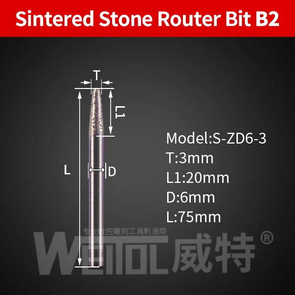 Weitol 6 мм/8 мм хвостовик Камень Гравировка Биты спеченные Инструменты для резьбы по камню алмазные фрезы ЧПУ фрезы - Длина режущей кромки: B2