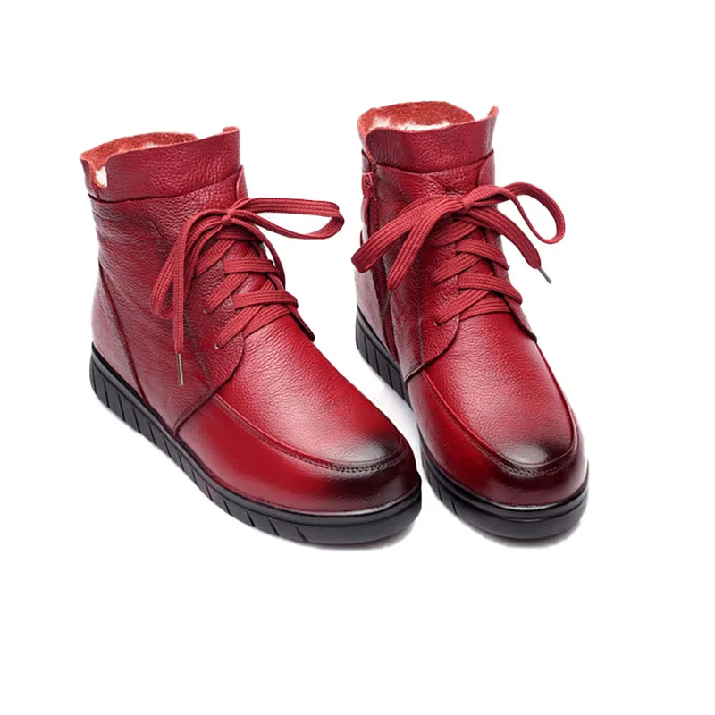 30℃ Wool Fur warm Cow Leather ankle boots women winter Genuine Leather Flat platform botas black Lace up plush snow shoes - Цвет: Красный