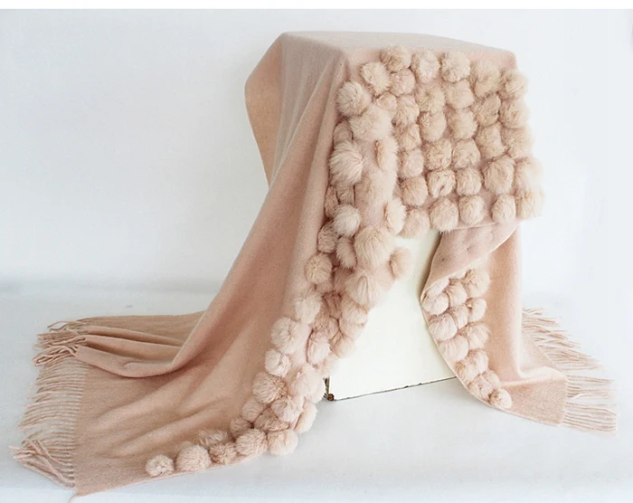 Пашмины меховая шаль шарф для женщин высокое качество простой кроличий мех помпон зимнее толстое Пашмины Пончо женские элегантные обертывания