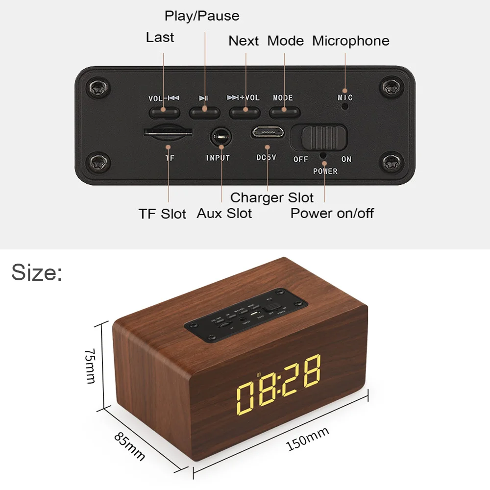 Новый деревянный Bluetooth динамик Будильник беспроводной портативный HiFi Shock Bass Altavoz