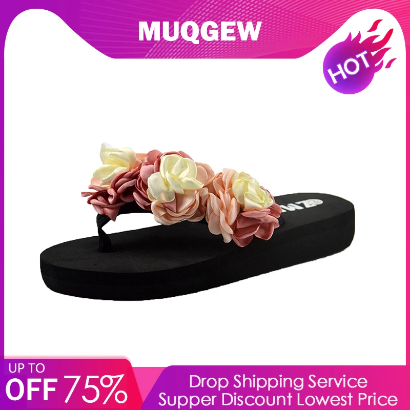 

Casual floral Women Muffin Flat slippers sweet Bottom Slippers Sandals Home Bathroom Beach Flip Flops Shoes chaussures femme