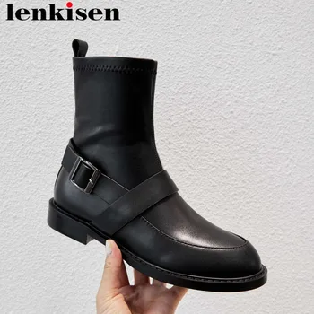 

Lenkisen european superstar cow leather round toe low square heels slip on buckle belt classic british school mid-calf boots L09