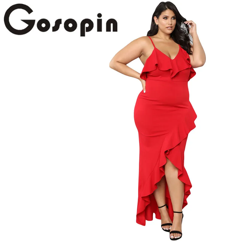 

Gosopin Women Summer Sheath Party Dress Sexy Plus Size Ruffle Trim Spaghetti Straps Elegant Sleeveless Maxi Dress Red LC610978