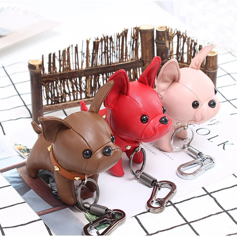 

Bulldog Keychain Pu Leather Animal Dog Keyring Holder Bag Charm Trinket Chaveiros Bulldog Bag Accessories Punk Style Pendan
