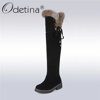 

Odetina 2017 Faux Suede Fur Snow Boots Over The Knee Lace Up Low Heel Thigh High Boots Winter Warm Shoes Thick Plush Big Size 44