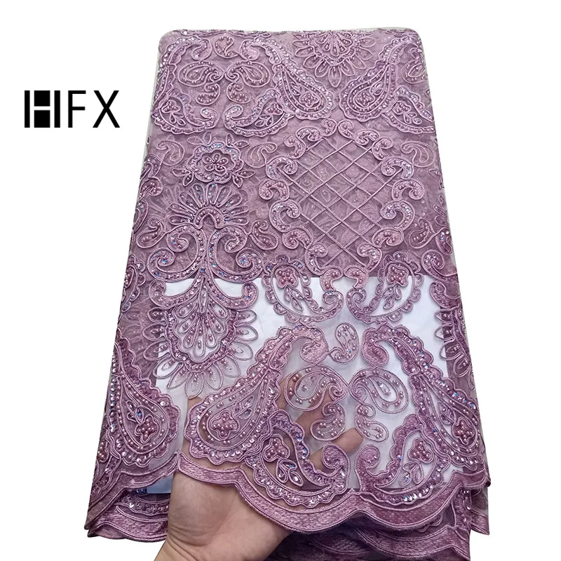 

HFX pink Color African Lace Fabrics Nigerian Embroidered Tulle Fabric For Dress High-end Handmade Beaded French Net Lace H2897