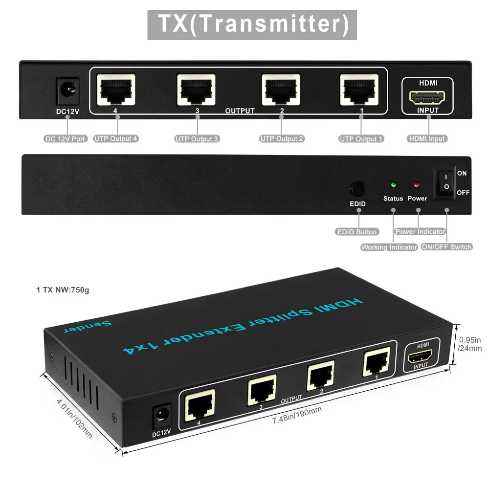 Aikexin 4 порта HDMI удлинитель 60 м, 1X4 HDMI сплиттер удлинитель по CAT5e/CAT6/CAT7 Ethernet кабель до to196ft(1 TX+ 4 RX