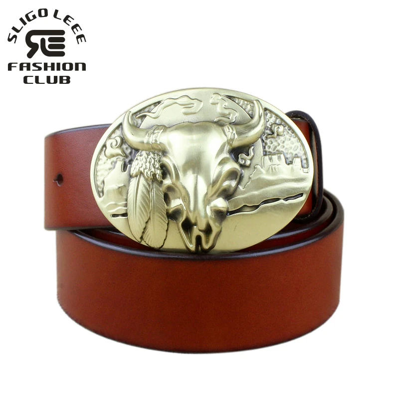 

SLiGOLEEE High Quality Solid Brass 3D Big Bull Head Buckle Italy Genuine Leather Belts Men with38mm Wide Strap women accessories