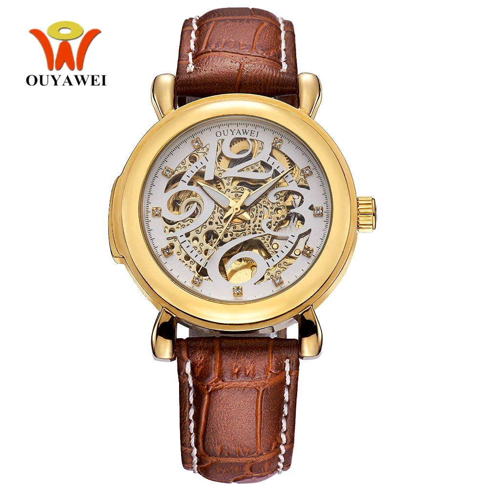 

Hot Sale OUYAWEI Brand White Gold Men Automatic Self-Wind Mechanical Wristwatch Leather Strap Fashion Business Male Watch Gifts