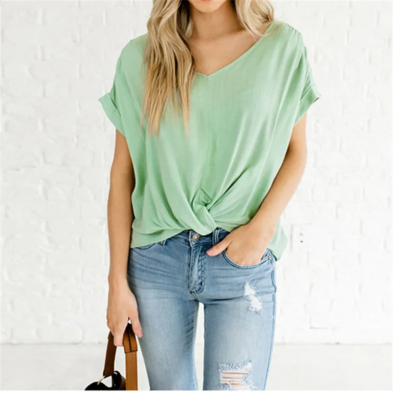 

Women Irregular Solid Color Tops Tee Casual Short Sleeve V Neck T-shirt Hem Kinks Female 2019 New Summer Asymmetrical T Shirt