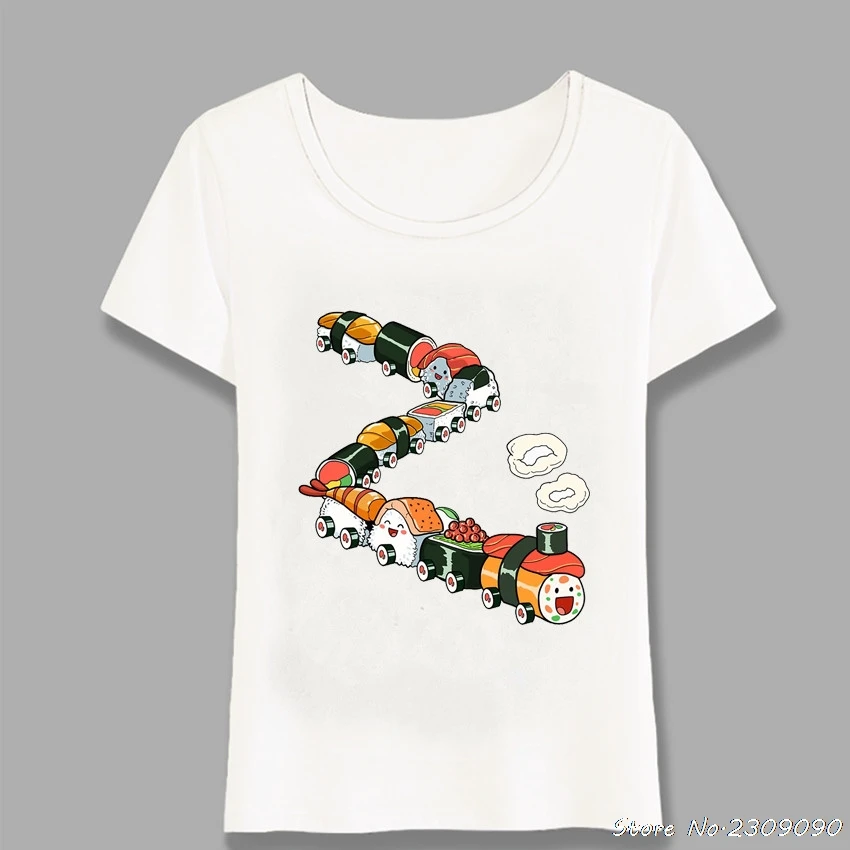 

Japan Style Casual T-Shirt Summer Women Short Sleeve Cute Train Sushi Cartoon Printed Girl Simple White Tops Woman Tees Harajuku