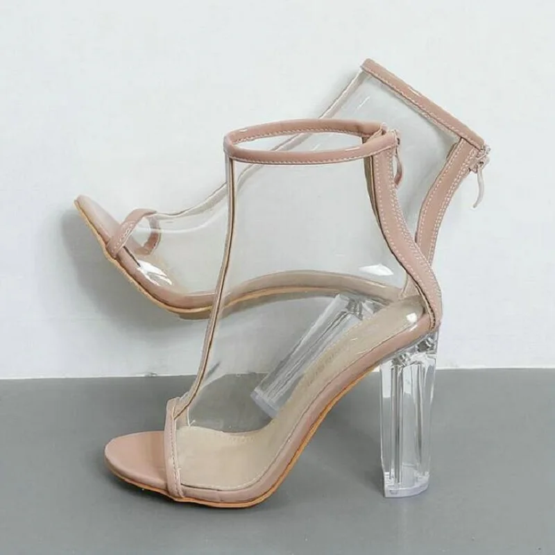 

hight colors 2017 Summer ladies high heels shoes woman Rome women pump shoes transparent zipper crystal thick female bare boots