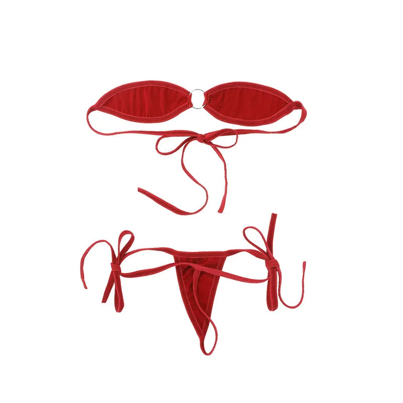 Сексуальное женское экзотическое мини микро бикини, набор, минимальное покрытие, самозавязывающийся бюстгальтер с открытыми плечами, топ, стринги, трусы, Пляжное нижнее белье