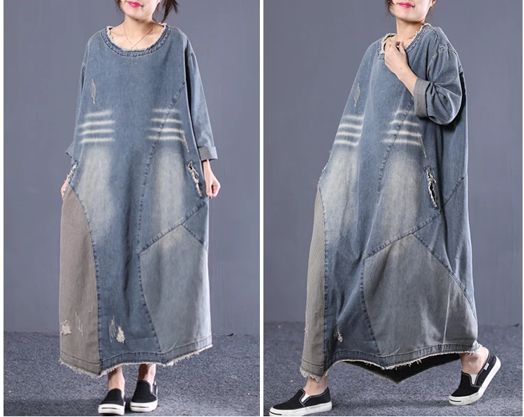 Новинка- женское Новое весеннее платье размера плюс в Корейском стиле ретро свободное джинсовое платье с длинными рукавами