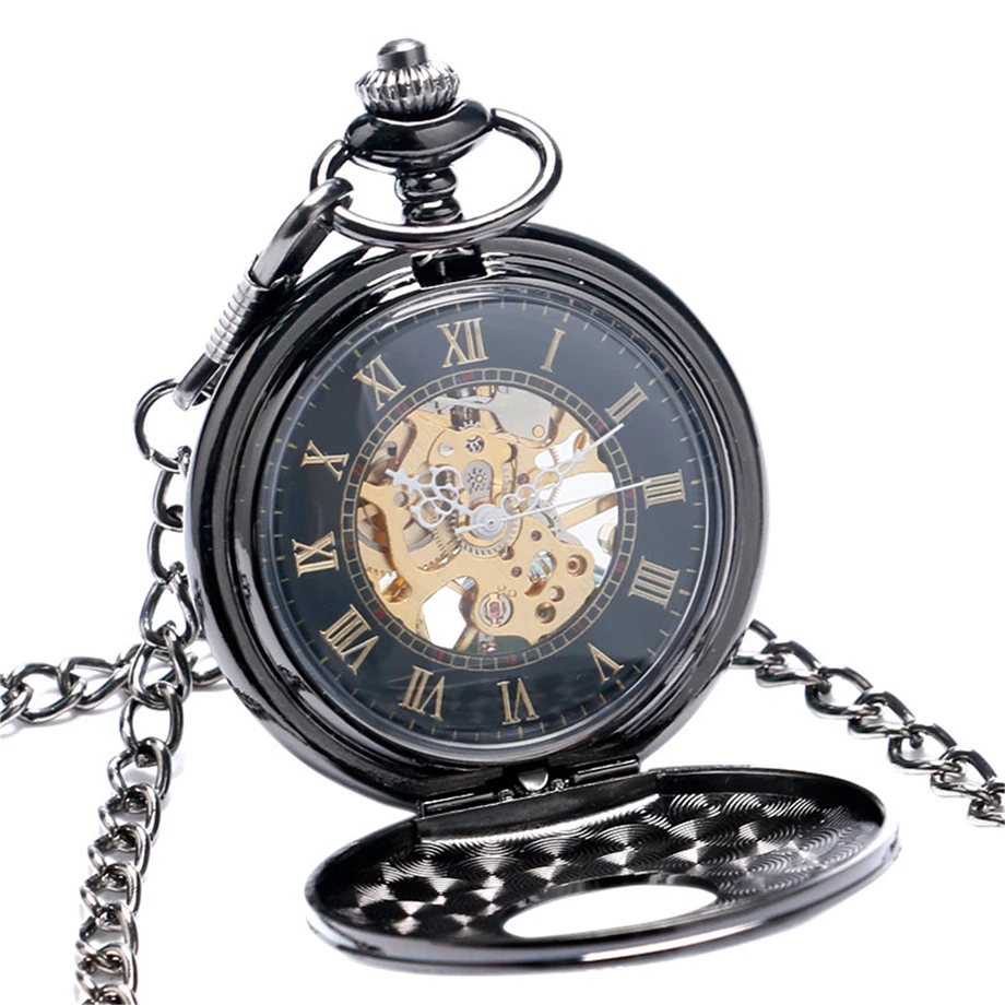 Steampunk Hand Winding Mechanical Black Pocket Watch Fob Pendant Mens Womens Box Bag 3