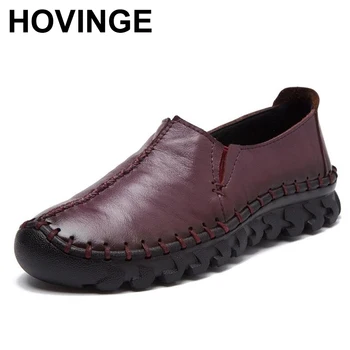 

HOVINGE Brand High Quality Women Genuine Leather Shoes Slip On Flats Handmade Shoes Loafers mocassin flat Women's shoes Slipony