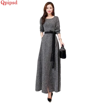 

2019 Korean Autumn Winter New Long Sleeve Dress Female Temperament Slim Dresses Womens Plus Long Elegant Dress Womens Clothing