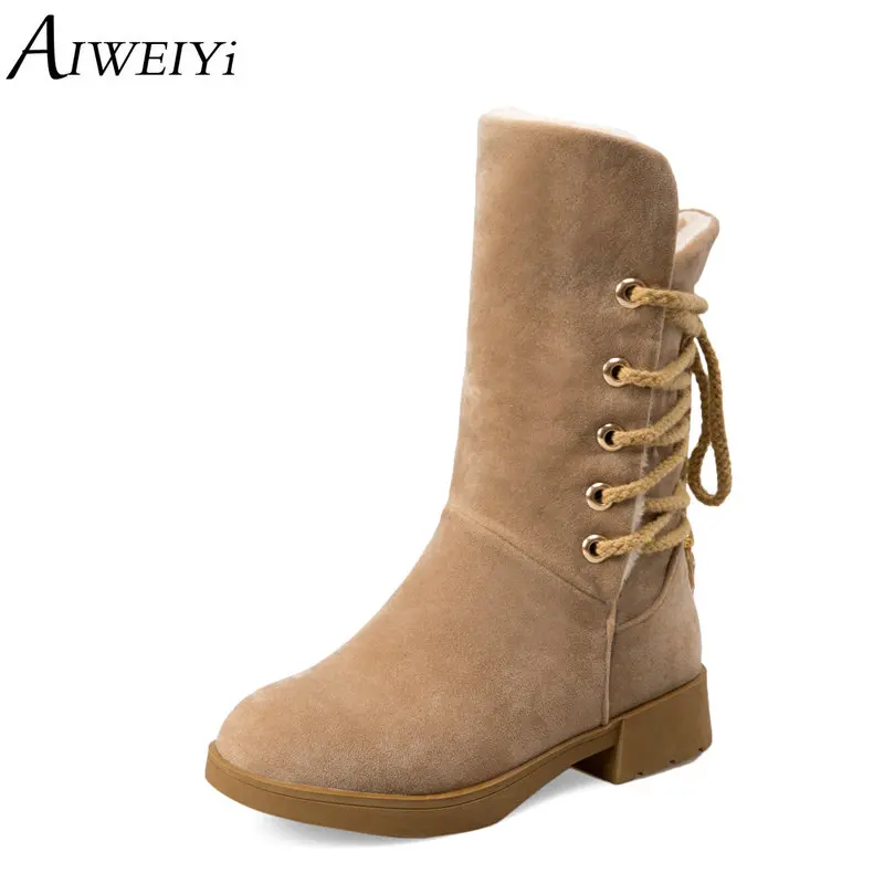 AIWEIYi Mid-calf Boots for Women Flock Round toe Square Heel Low Heels Martin Lace Up Warm Fur Snow | Обувь