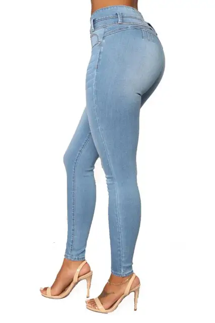 Long Jeans Women High Waist Skinny Pencil Blue Denim Pants Bleached Washed Stretch Button Sexy