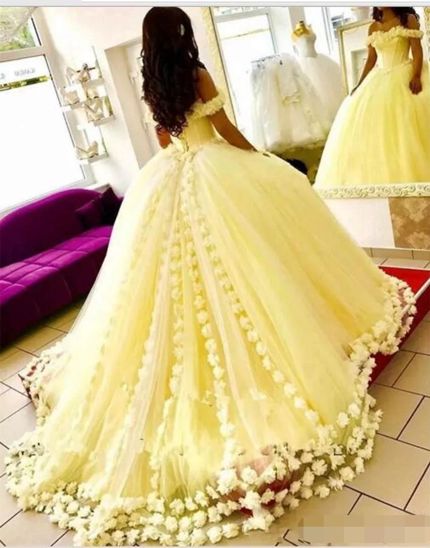 Великолепные платья Quinceanera желтого цвета с открытыми плечами 3d-цветочное бальное платье поступление милое платье для выпускного вечера 16 vestidos de 15 anos