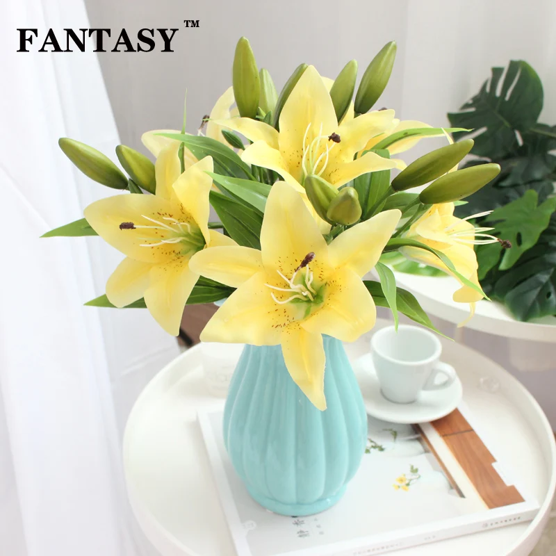 

FANTASY PU Lily Real Touch Artificial Flower Yellow Fake Floral Wedding Flower Wall Wreath Material Home Garden Decoration 1pcs