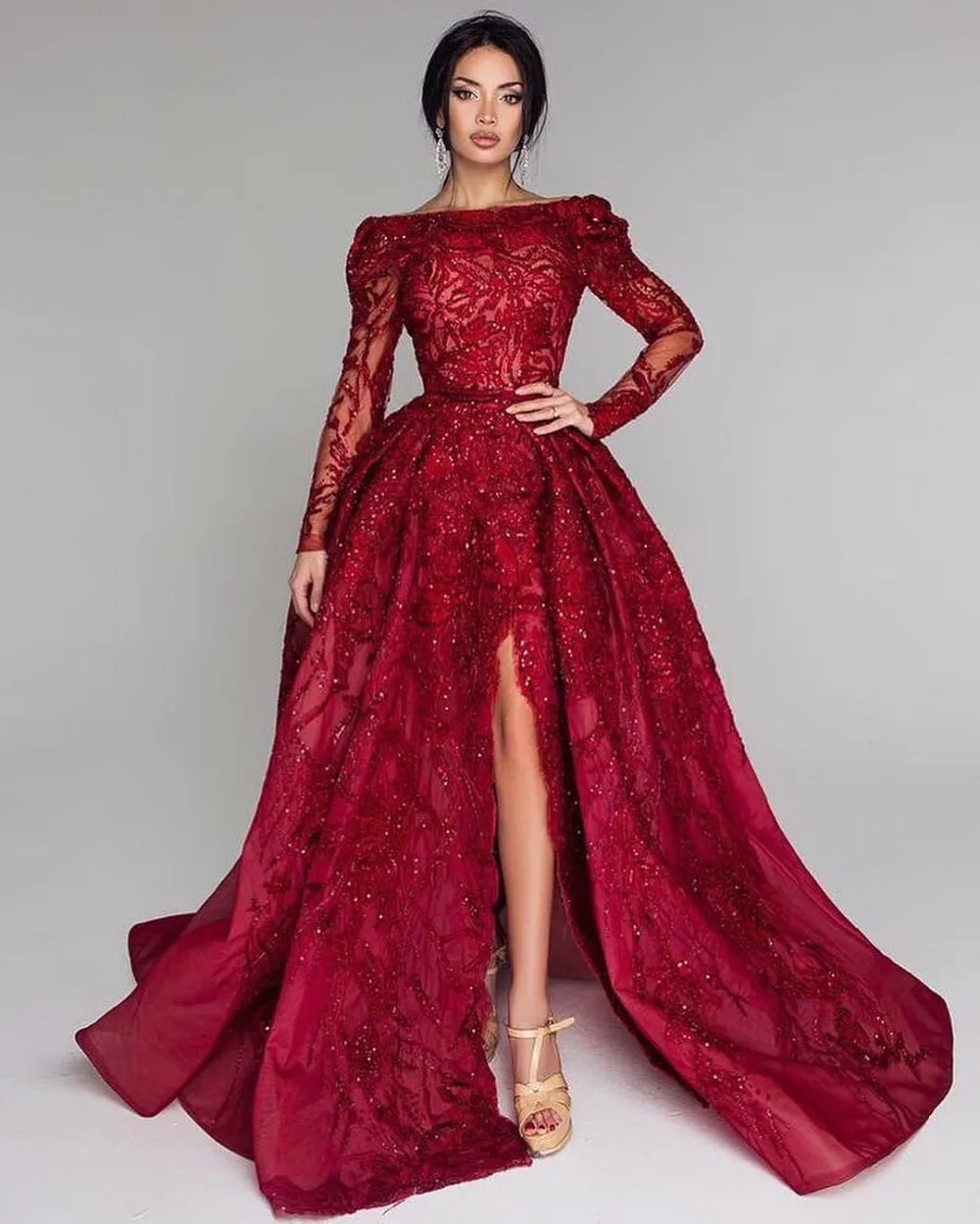 

Vestidos Burgundy Long Evening Dress Off The Shoulder Long Sleeve Split Floor Length Evening Dresses 2019 Formal Prom Gowns