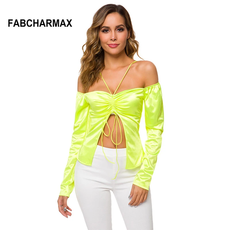 

fashion satin summer womens tops and blouses off shoulder top neon green pink chic ruched club sexy ladies top street wear 2019