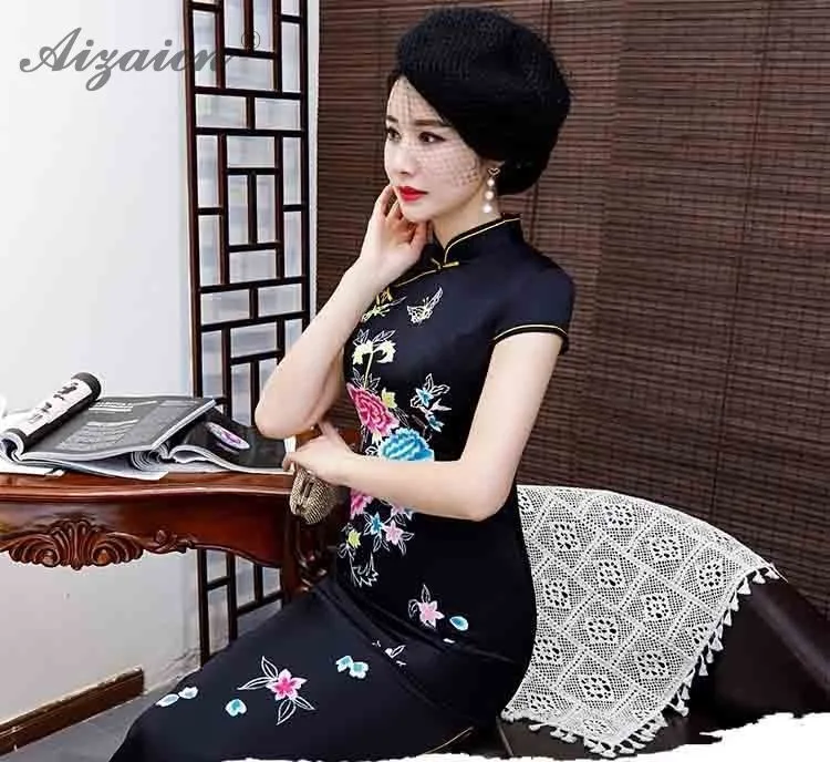 Чино традиционное vestido negro Cheongsam larga vestidos Chinoise madre Qi Pao bata Восточное винтажное vestido talla Plus Qipao