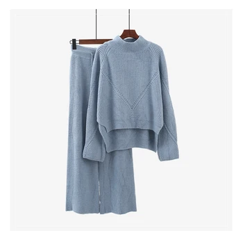 

Knitted Women 2 Pieces Pant Sets 2019 Autumn Winter New Thicken Solid Warm Sweater and Wide Leg Pant Suits