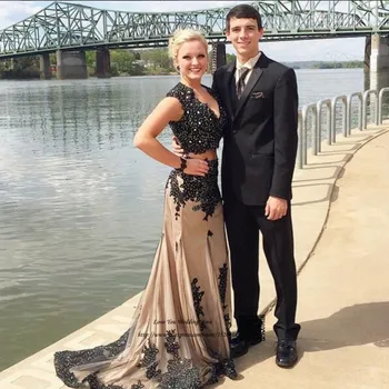 

Hot Sell Black 2 Piece Prom Dresses Mermaid Beaded Vestido de Formatura Longo Gala Lace Formal Evening Gowns Women Courte