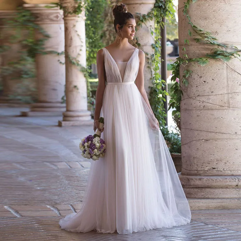 LORIE Beach Wedding dress 2019 V Neck Lace Appliques A Line Princess Boho Wedding Gown Cuatom Made Bridal Gown Free Shipping
