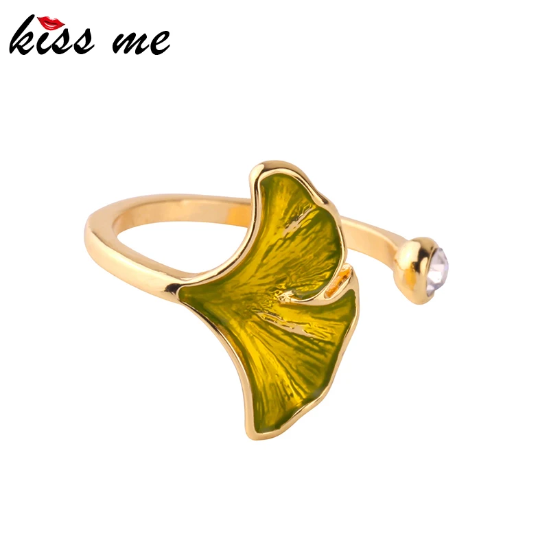 

kissme Unique Two-tone Enamel Ginkgo Leaf Rings For Women Party Gifts Crystal Opening Ring 2019 Newest Fashion Jewelry Accessory