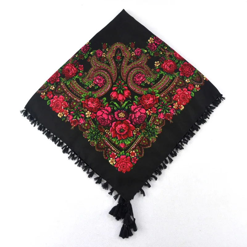 

Fashion Women scarf Russian Style shawl Vintage Floral print tassel Shawl Bohemia Bandana square cap 90*90cm Free shipping