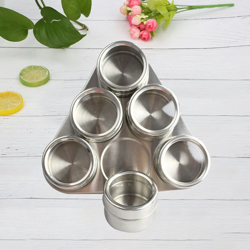 

6pcs Spice Jar Set Magnetic Stainless Steel Spice Jars With Rack Set Steel Pepper Shakers Seasoning Sprays