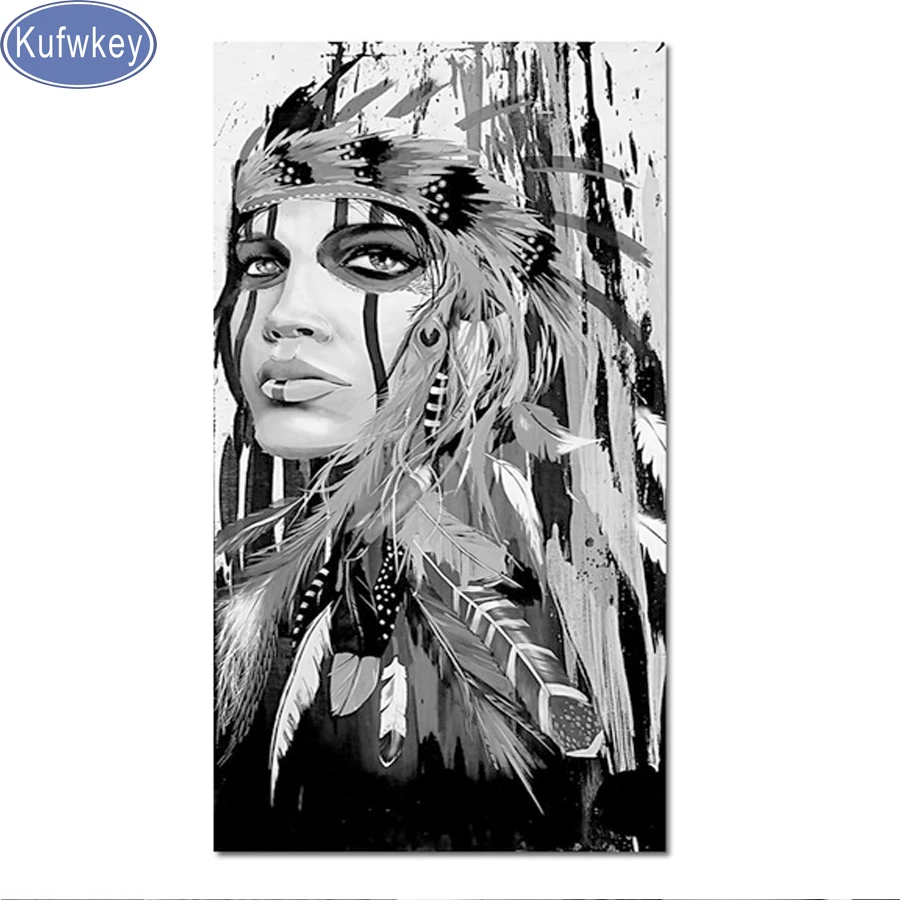 

Diamond embroidery black and white American Indian beautiful girl diy diamond painting full square mosaic cross stitch stickers