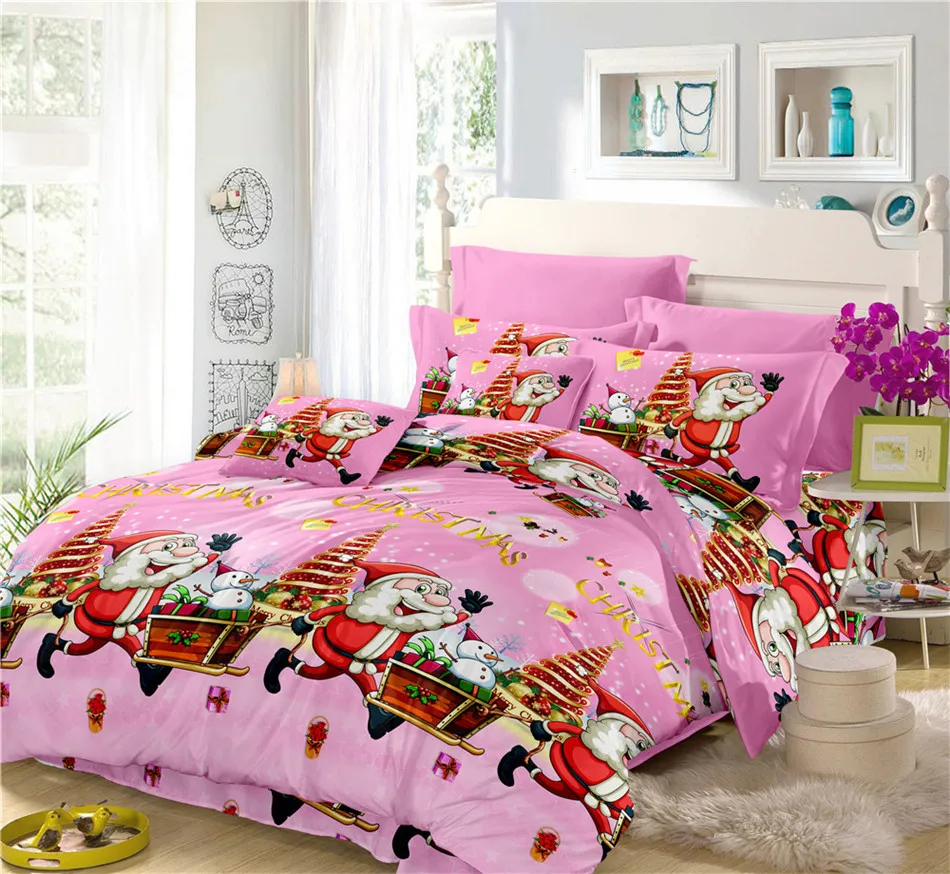 Ladies Sweet Beddding Set Pink Christmas Quilt Cover 3D Cartoon Duvet
