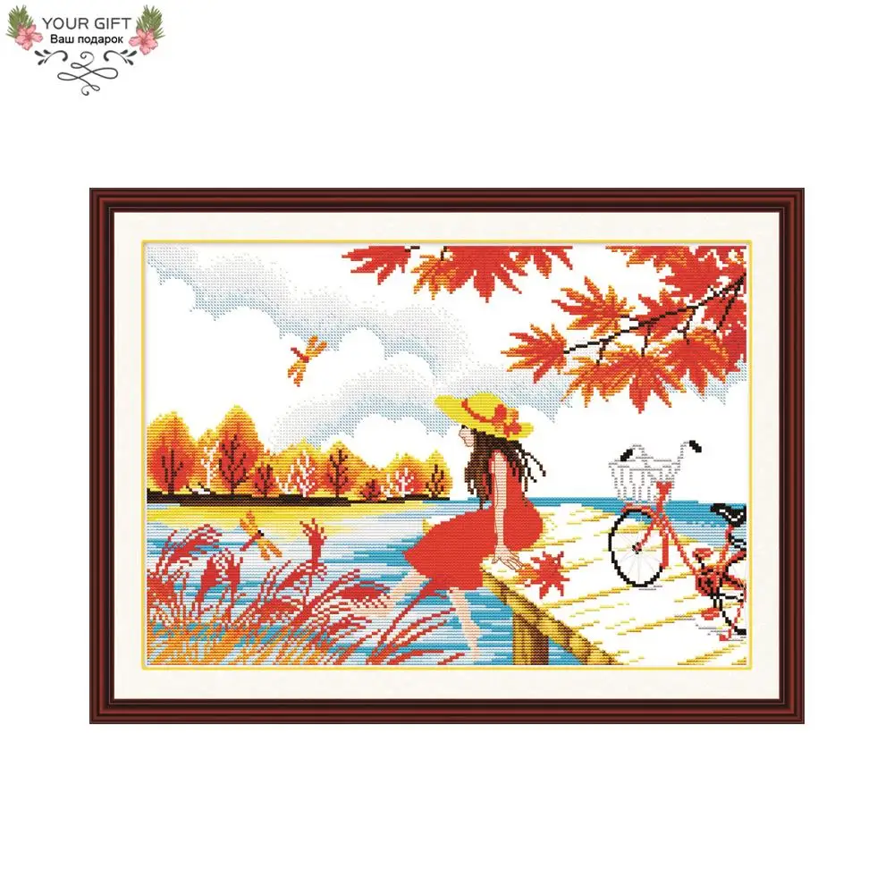 

Joy Sunday F036 Free Shipping Counted and Stamped Home Decor Waiting In Autumn Needlepoints Embroidery Cross Stitch Kits