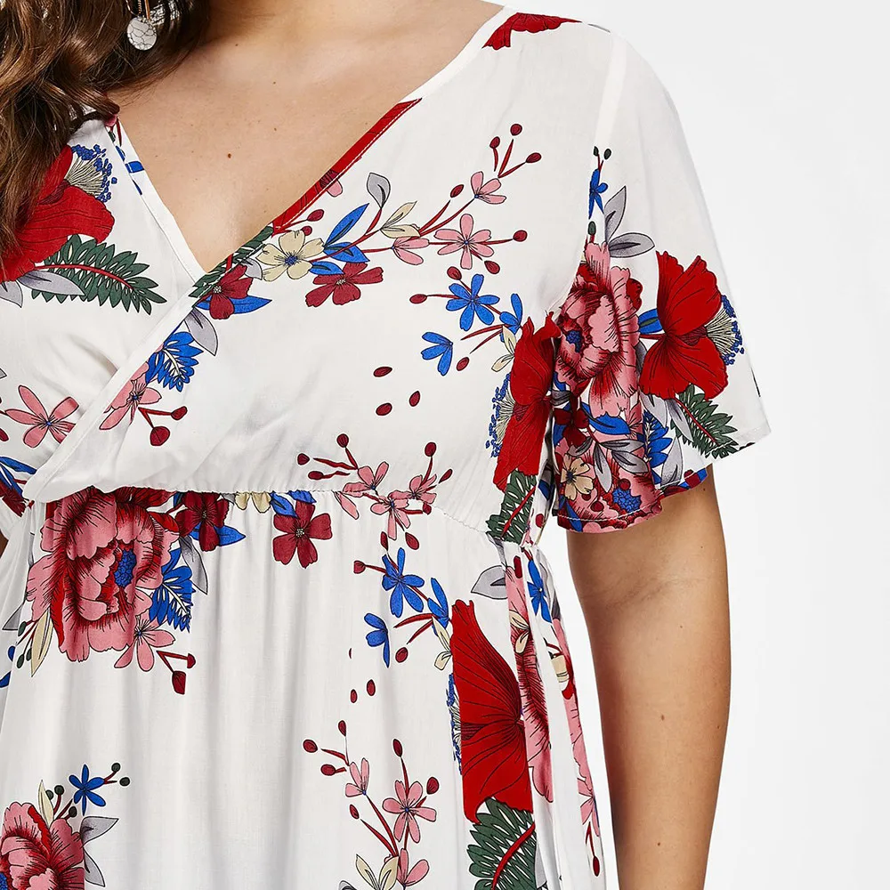 2018 Women V Neck Chiffon Shirts large size Floral Print Summer Shirt Plus Size Tops Backless Bandage Blouse Boho 5XL 4XL Blusa Blouses
