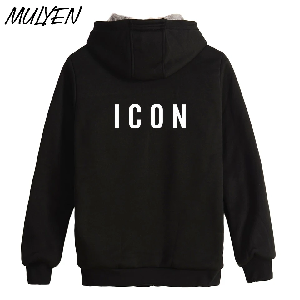 MULYEN ICON Letter Print Plus Velvet Sweatshirt Hip Hop Thick Zipper